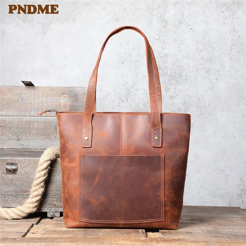 Simple vintage high-quality natural genuine leather unisex tote bag casual crazy horse cowhide large-capacity laptop handbag