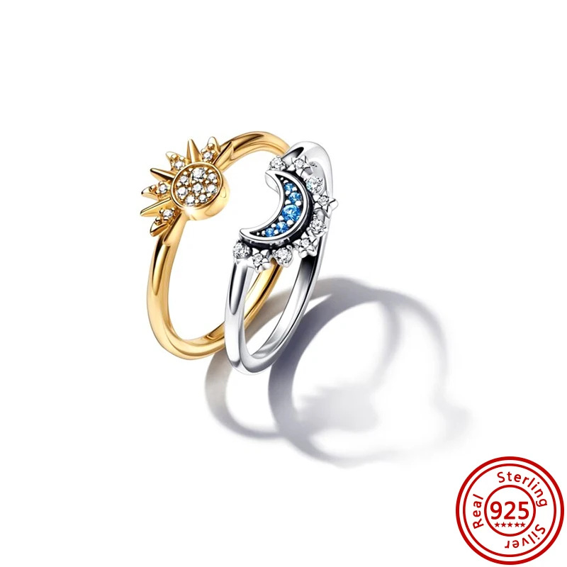 Authentic 925 Sterling Silver Moon Sun Day Night Organically Shaped Stacking Heart Pearl Sparkling CZ Pantaro Rings Fine Jewelry 2