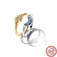 Authentic 925 Sterling Silver Moon Sun Day Night Organically Shaped Stacking Heart Pearl Sparkling CZ Pantaro Rings Fine Jewelry 2
