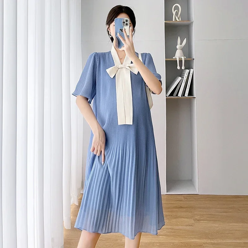 

952# 2022 Summer Korean Fashion Chiffon Maternity Dress Elegant Sweet Loose Clothes for Pregnant Women Ins Pregnancy Clothing