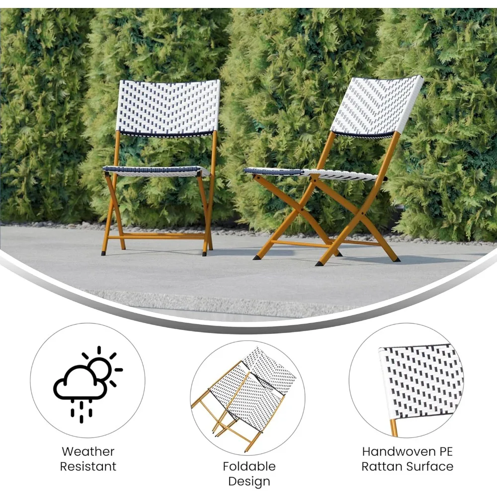 Ciel Two Piece Folding French Bistro Chairs - Navy and White PE Rattan - Natural Finish Metal Frames - Indoor/Outd 5