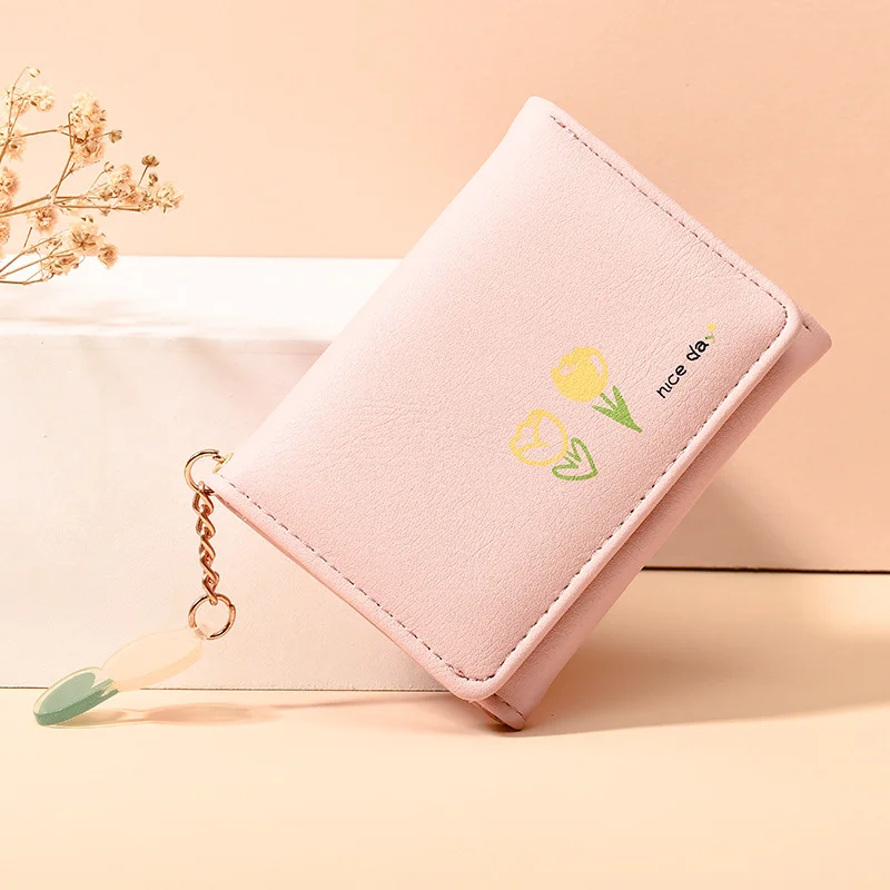 

Small Cute Wallet Women Student Folding Card Holder Floral Print Korea Short Tri-fold Coin Purse Hasp Mini Money Bag PU Leather