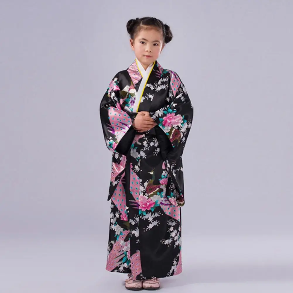 Kids Satin Floral Kimono Robe Girls Traditional Kimono Pajama Peacock Robe Bathrobe Girls Silky Satin Robes Sleepwear