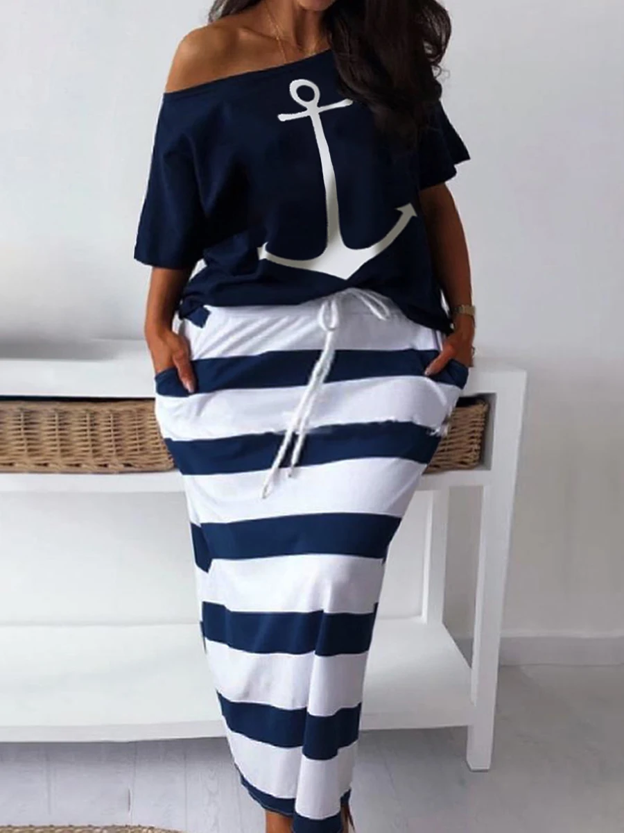 LW Plus Size matching sets Two Piece dress sets Letter Print Striped Skirt Set Fashion Casual Summer Tops+Bottoms Matching Outfi