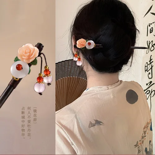 에보니 태슬 스텝 쉐이킹 헤어핀, 젓가락 헤어 스틱, 고대 스타일 헤어 장식, 팬 머리 장식, 꽃 헤어 액세서리 2