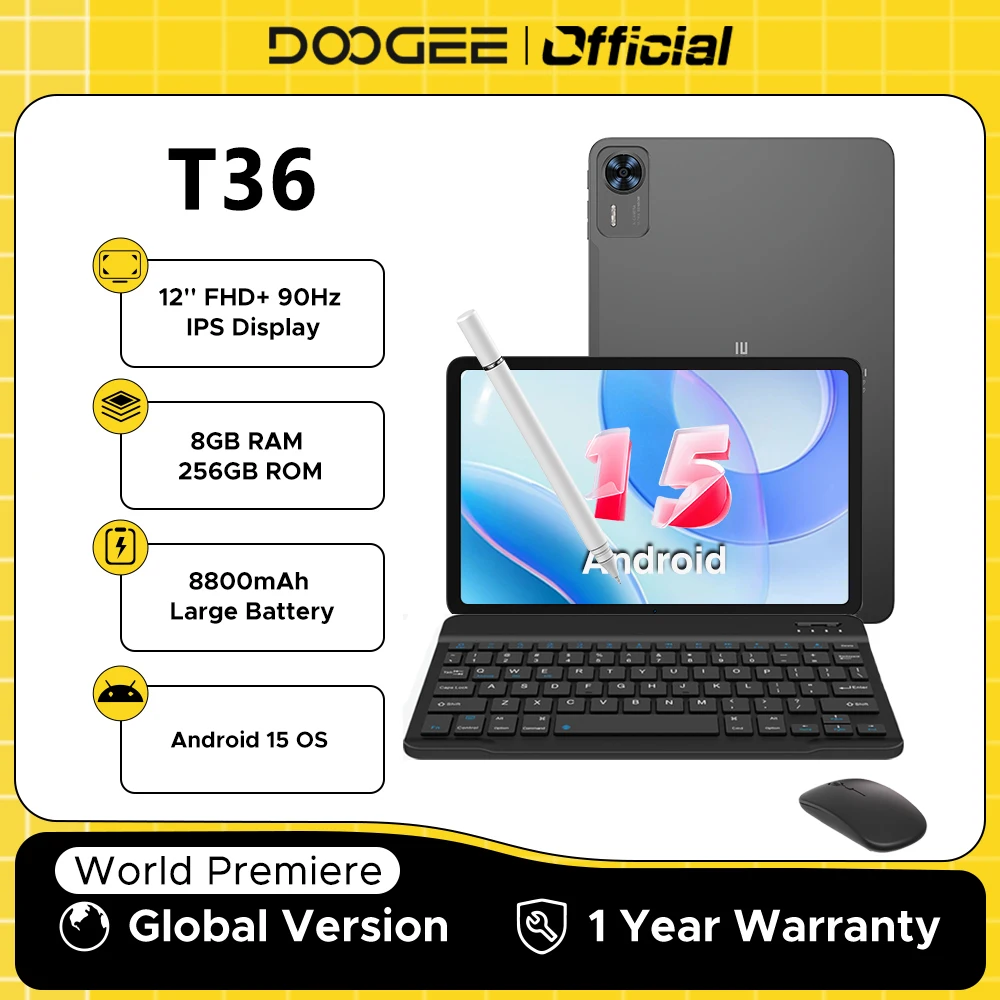 Android 15タブレット,8 DOOGEE-T36 GB, 12インチFHD 90Hz IPS