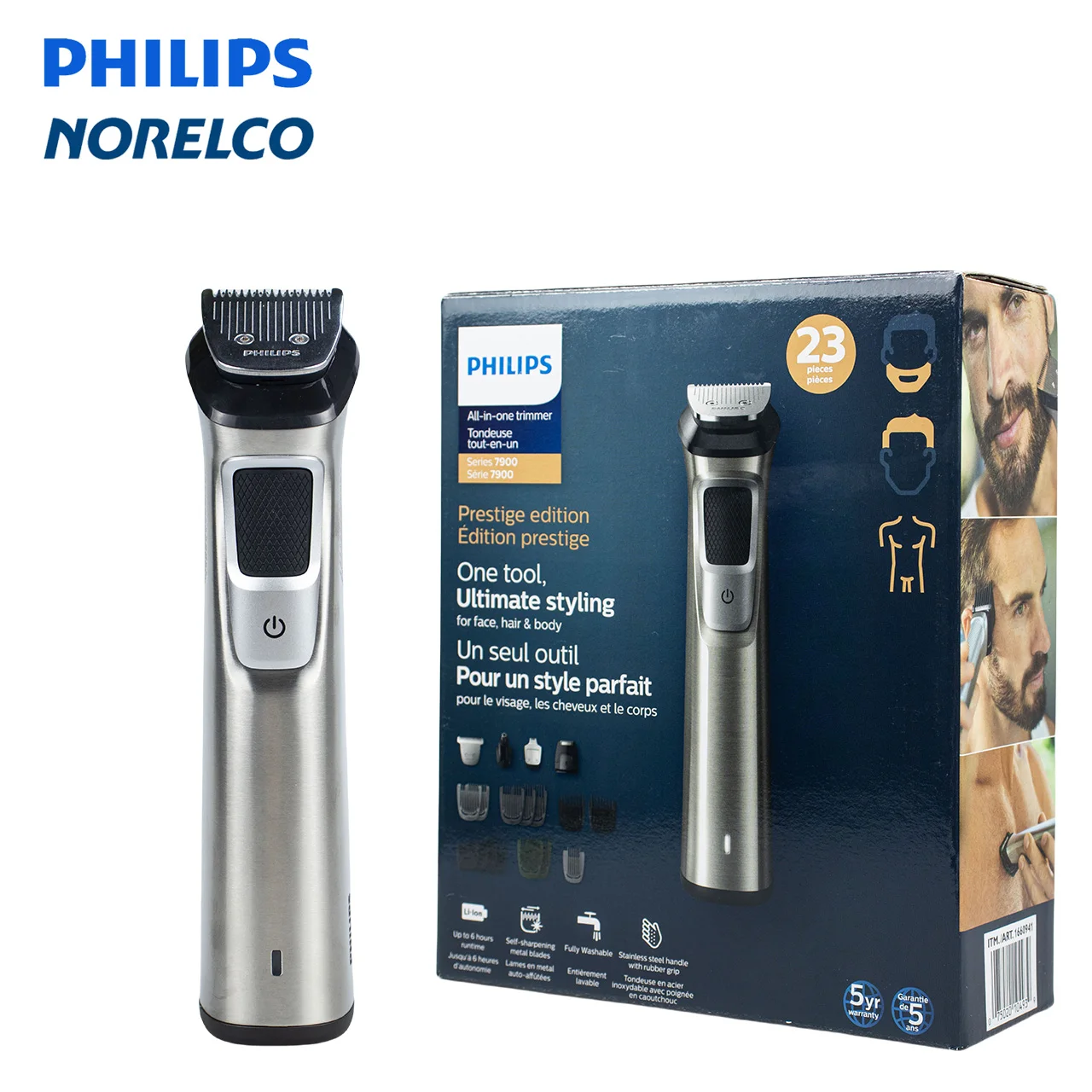

Philips Norelco Rechargeable Hybrid Electric Trimmer and Shaver MG7790, Stainless steel 30 Lithium-Ion