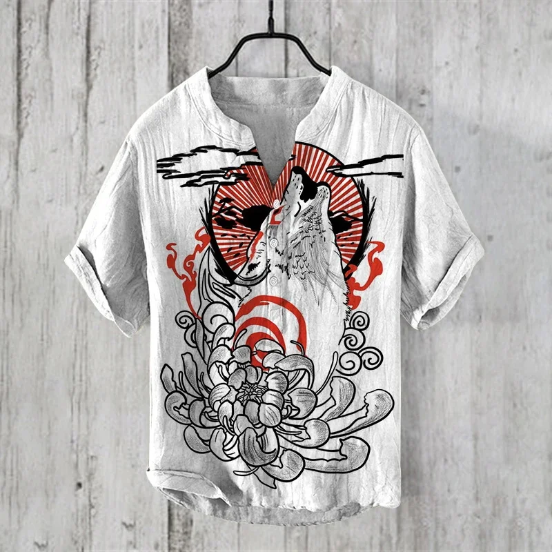 Japanese Word Art Linen V-neck Shirt