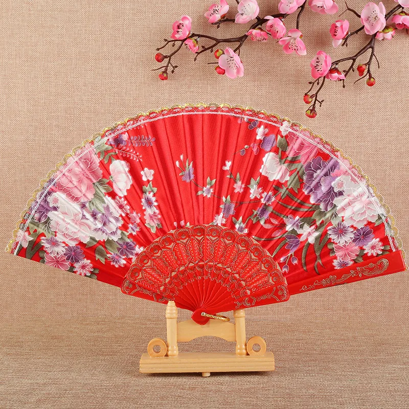 

1pc Chinese Traditional Fashion Silk Cloth Printing Phnom Penh Fan Dance Hand-folded Fan Catwalk Campus Performance Fan Craft