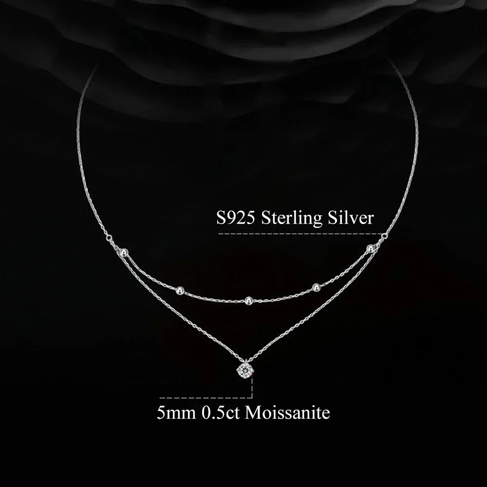 FEOBUR 5mm Certified Moissanite Pendant Layered Necklace 925 Sterling Silver for Women Double Layer Clavicle Chain Party Jewelry 2