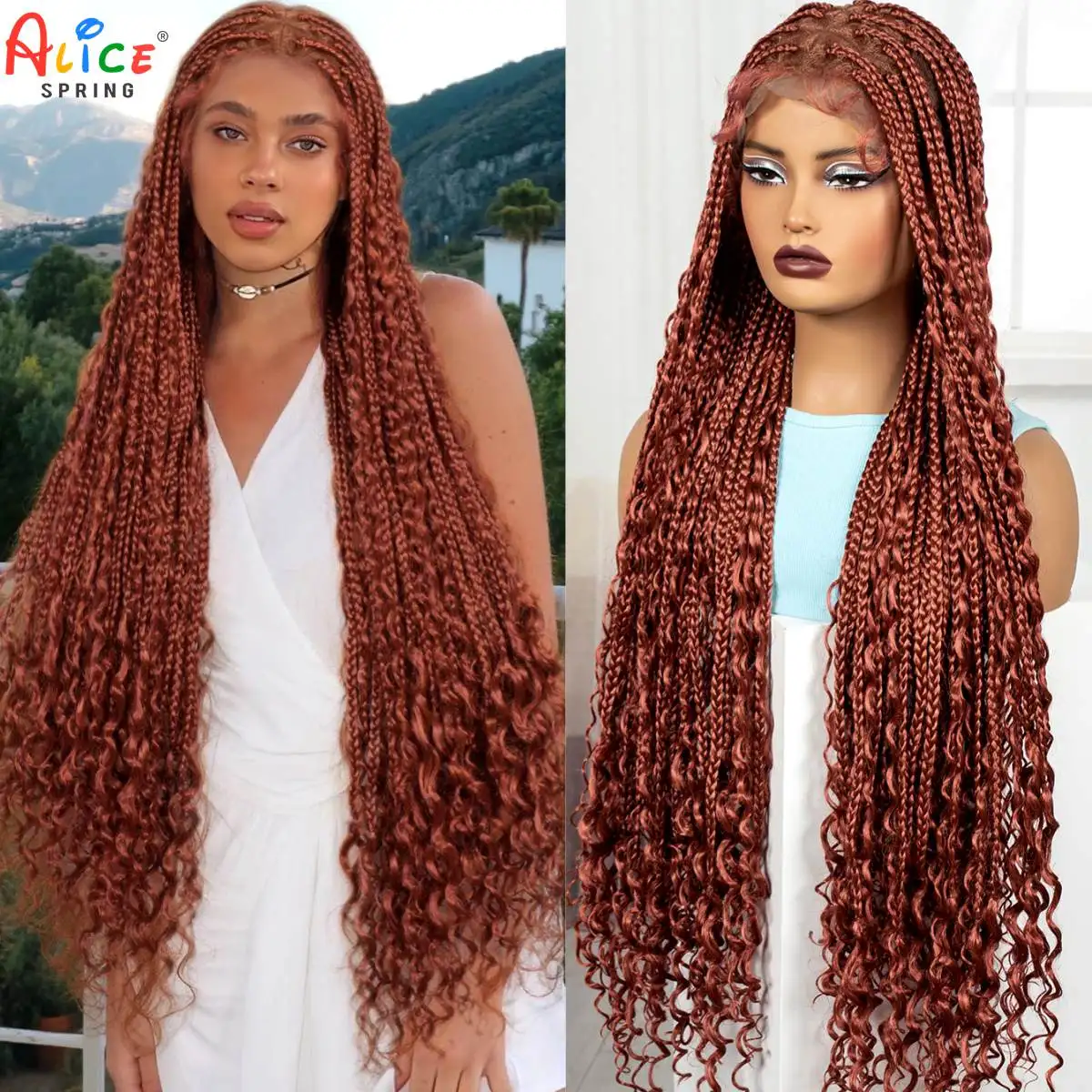 36Inch Long Knortless Box Braided Wigs 350# Ginger Orange Synthetic Full Lace Boho Braided Wig with Curly Ends for Black Women