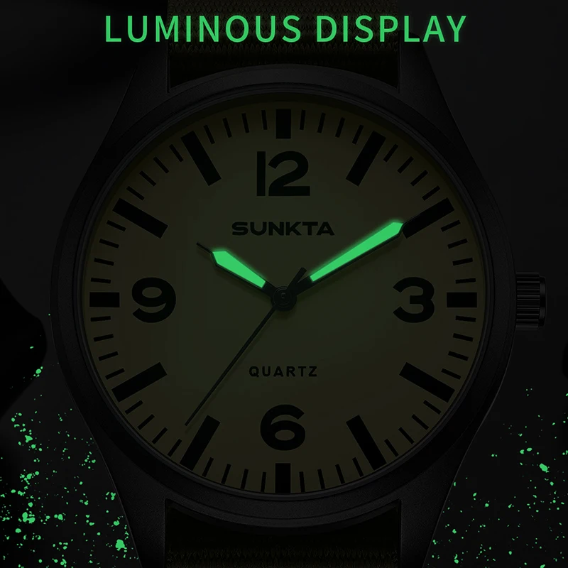 SUNKTA New Original Luxury Men Watch Creative Green Nylon Strap Waterproof Watches For Men Military Luminous Quartz Wristwatch
