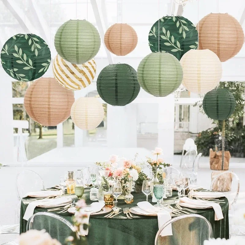 Paper Lanterns Sage Green Brown Chinese Japanese Hanging for Green Boho Summer Wedding Birthday Party Decor 6PCS