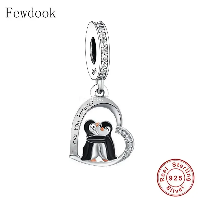 Fit Original Charm Bracelet 925 Sterling Silver Penguin Mum Dad and Baby Heart Dangle Bead For Making Women Family Berloque New 6