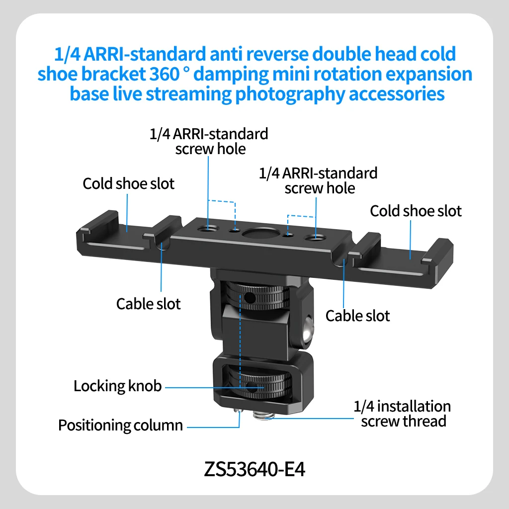 Double Cold Shoe Adapter 1/4 ARRI Mount Extension Bar 360 Rotatable Bracket for