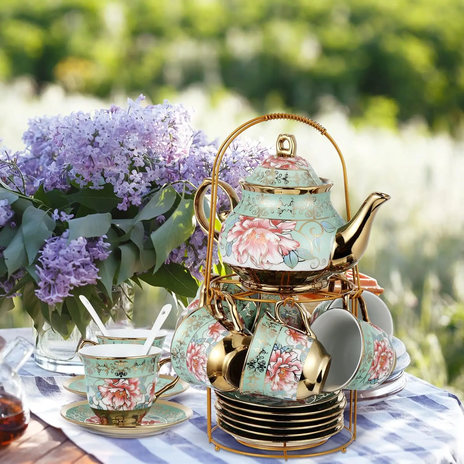 20 Pcs Porcelain Tea Set with Metal Holder Adult Ceramic Tea Party Set European Flower Cup Saucer for Adult Women