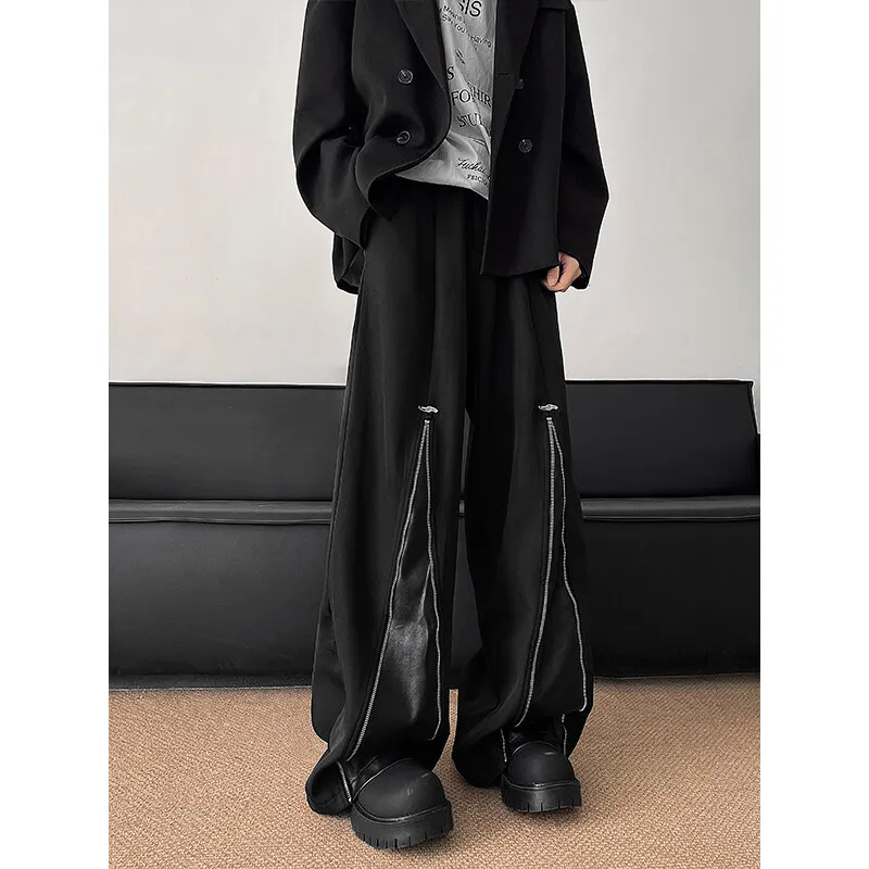 Patchwork Wide Leg Pants Men Casual trousers PU Zipper Hip Hop