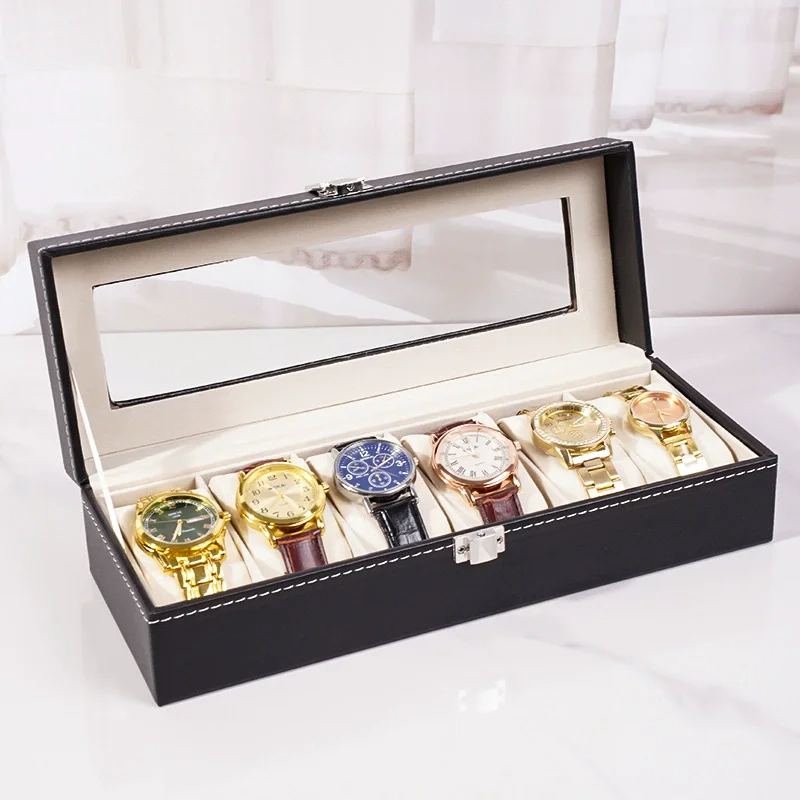 Classical 6 Slots Watch Display Box PU Leather With Lock for Men and Women