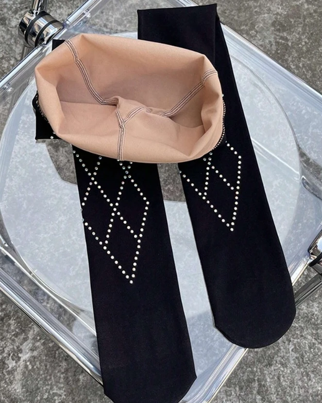 Rhinestone Argyle Pattern Lined Tight Leggings New Hot Selling Fashion Tight Elastic Pants Women's Wear