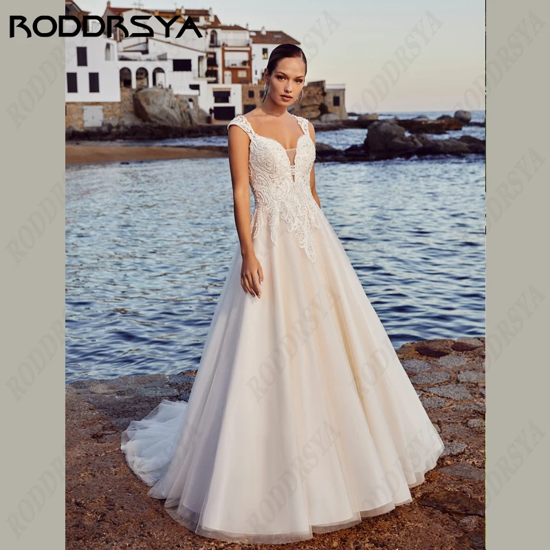 

RODDRSYA Boho Wedding Dress For Women V-Neck Spaghetti Strap Backless Bride Gown Elegant Sleeveless A-Line Tulle Robe De Mariée