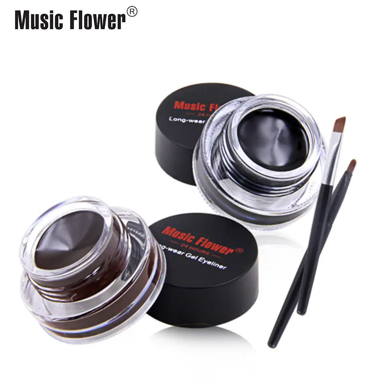 Music Flower Eye Makeup 2 in 1 Brown Black Gel Eyeliner Cream Water-proof Creamy Texture Eye Liner Set With Brushes