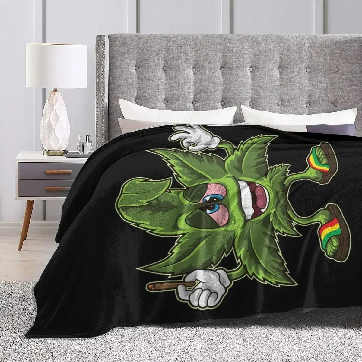 Stoned Leaf Weed Smoking Cartoon Blanket Soft Warm Flannel Throw Blanket Bedding for Bed Living room Travel Home Couch 4