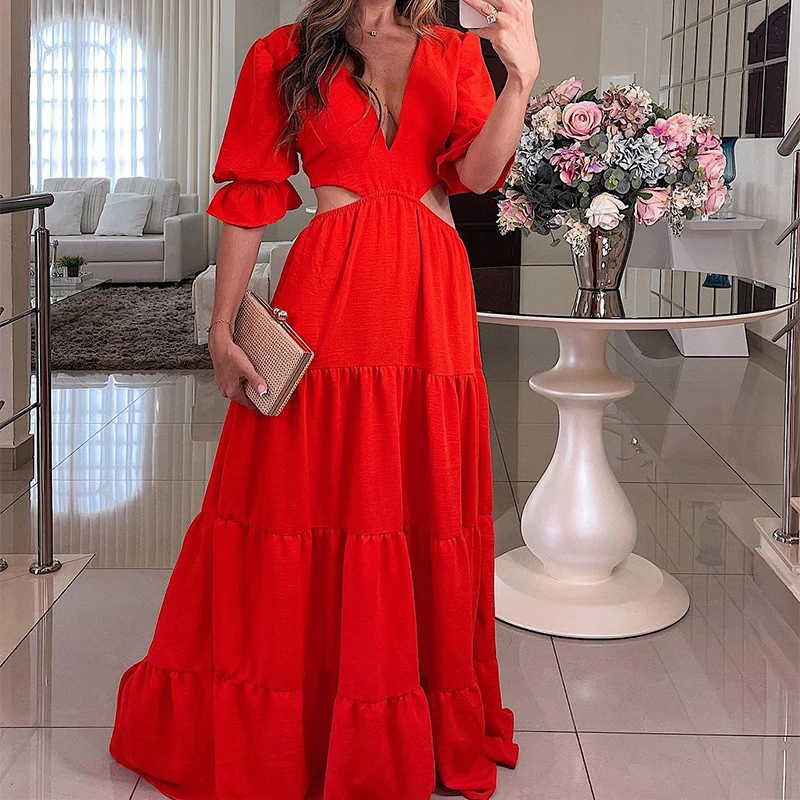 

Ladies Elegant Office Solid Robe Dress Sexy Deep V Hollow Out High Waist Long Dress New Autumn Flare Sleeve Pleated Party Dress