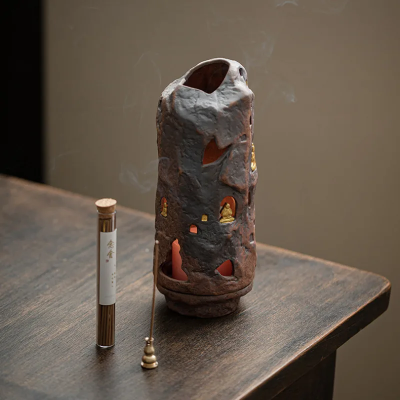 Creative Thousand Buddha Incense Burner Old Rock Mud Insertion Pagoda Stand Candlestick Aromatherapy Furnace Tea Ceremony Gift