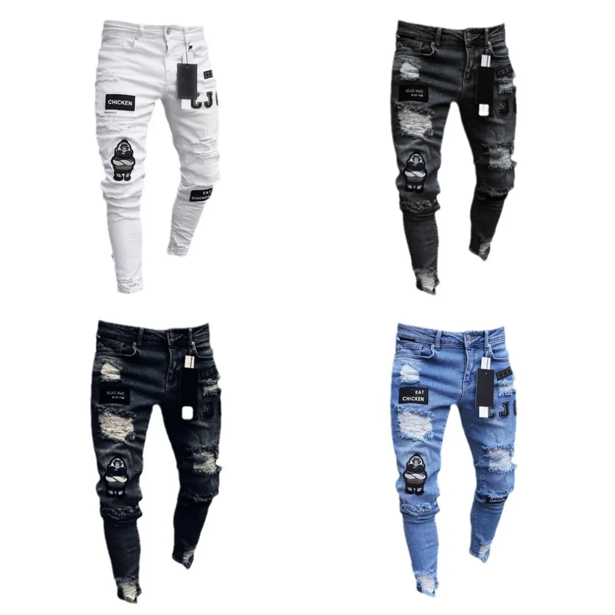 Fashionable Men's Jeans Tight Fit Ripped Small Footed Pants Cross Border men jeans ripped jeans