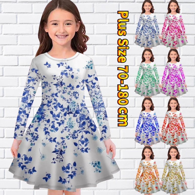 

2022 Autumn Little Girl Retro Loose Princess Skirt Round Neck Leaf Printed Long Sleeve Skirt Daily Fashion Knee-length Skirt