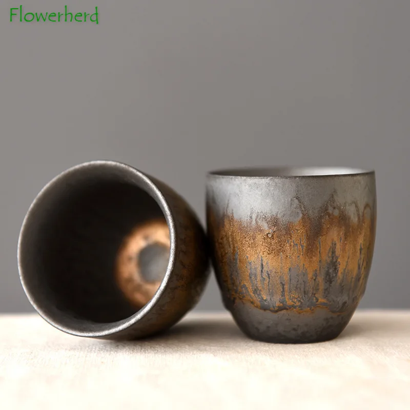 Vintage Gilt Ceramic Tea Cup Teaware Kung Fu Tea Cup Coarse Pottery Teacup Rust Glaze Master Single Coffee