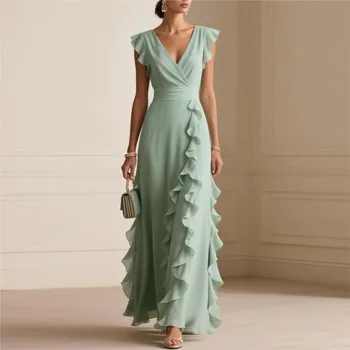 Women's Elegant Solid Color Ruffle Sleeveless Sexy V-Neck Long Dress Fashionable Bohemian Women's Party Evening Maxi Dresses 1