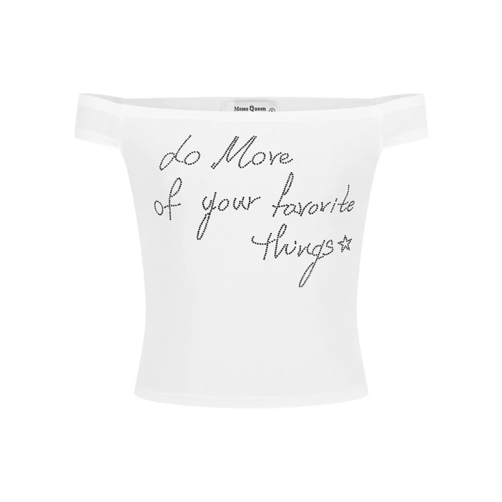 All-match Ins Off Shoulder Crop Top Slim Fit Sweet Rhinestone T-shirt Female Clothing Bottoming Shirt Women Summer