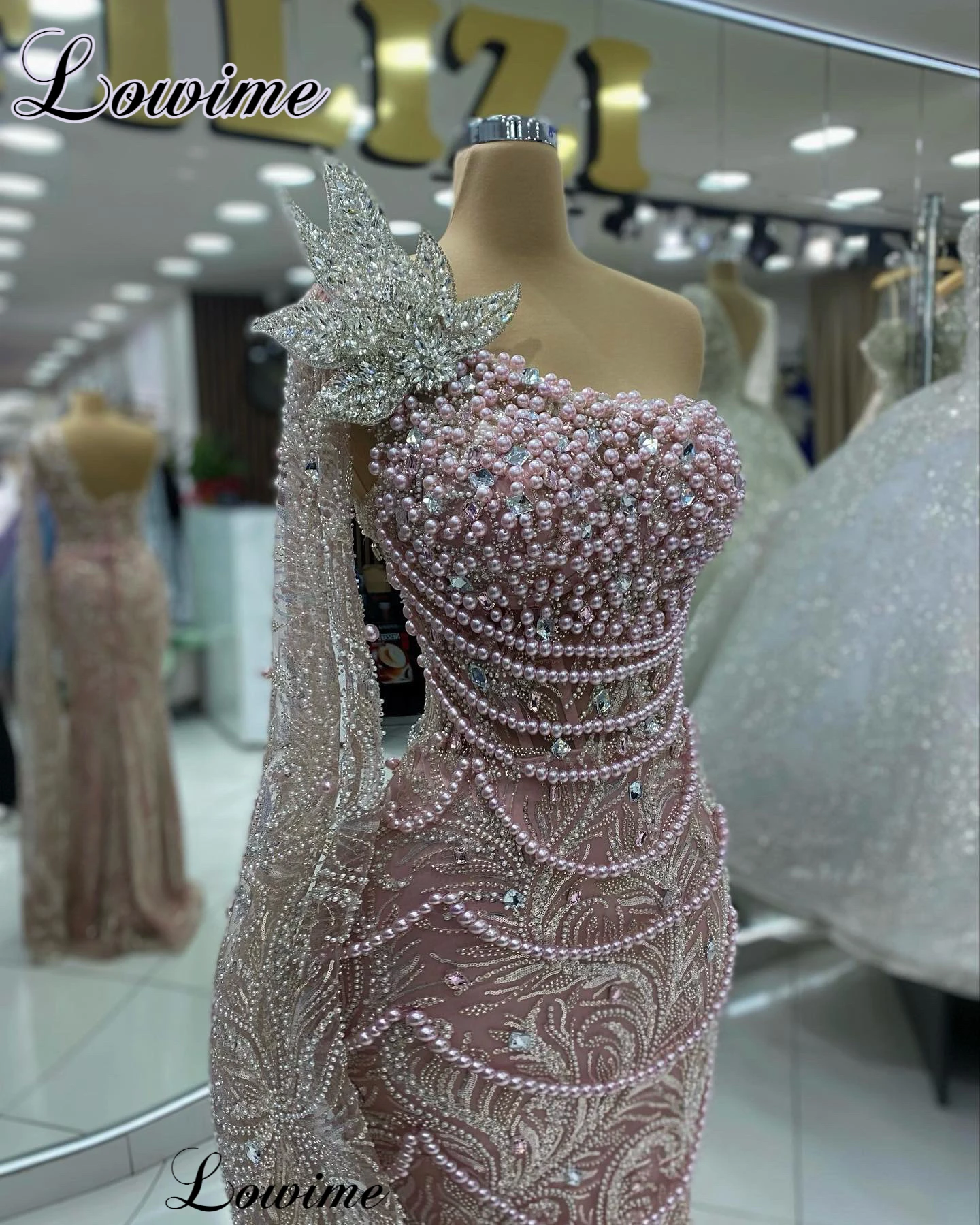 Blush Pink Beaded Cocktail Dresses Mermaid One Shoulder Pearls Prom Dresses For Women Vestidos De C&oacute;ctel Celebrity