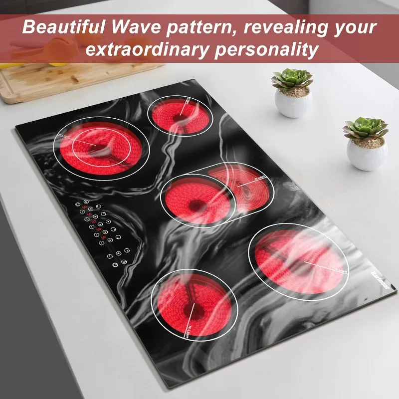 Karinear Electric Cooktop 30 Inch,Built-in Electric Stove Top 5 Burners Ceramic Cooktop Wave Pattern,8400W,220-240V Hard Wire