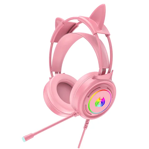 Wired Headset Over Ear RGB LED Gaming Cat Ear Shaped Headphones with Mic Pink For Computer PC Gaming Headset
