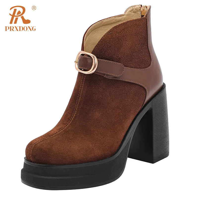 

PRXDONG New Arrival Genuine Leather Chunky High Heels Platform Shoes Woman ANkle Boots Autumn WInter Warm Dress Party Lady Shoes