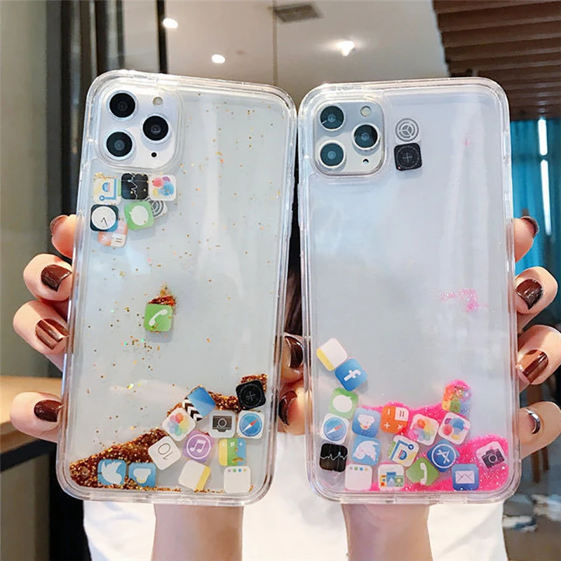 Cover Per Telefono Dynamic Quicksand Per Iphone 14 15 Pro Max 12 13 Custodie Custodia Rigida Liquida Para Iphone 15 Plus Funda Cute App Icon Hood