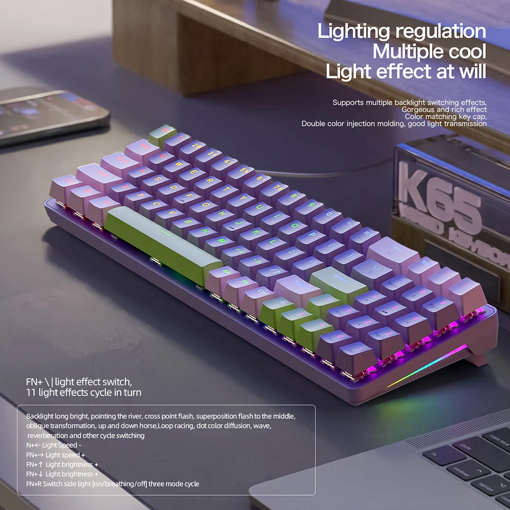 노트북 데스크탑 PC 게이머용 기계식 게이밍 키보드, 핫 스왑 가능 RGB 백라이트 키보드, USB 유선, 블루, 레드 스위치, K65