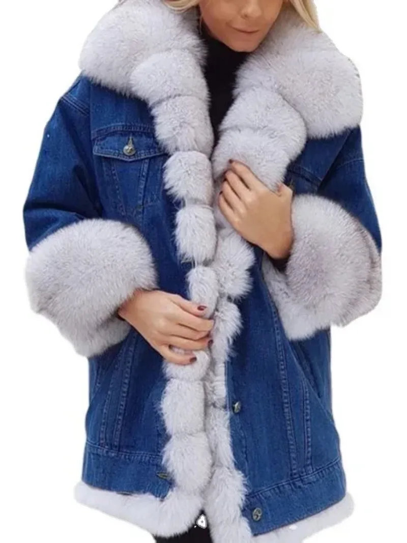 2023 Women Winter Faux Fur Hooded Coat Ladies Warm Thicken Demin Button Jacket Outwear Casual Fashion Women Overcoat