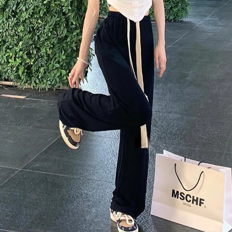 2023 Spring Autumn New Female Students Trend High Waist Leisure Loose Slim Sports Draw Rope Simple Wide Leg Trousers Long Pants