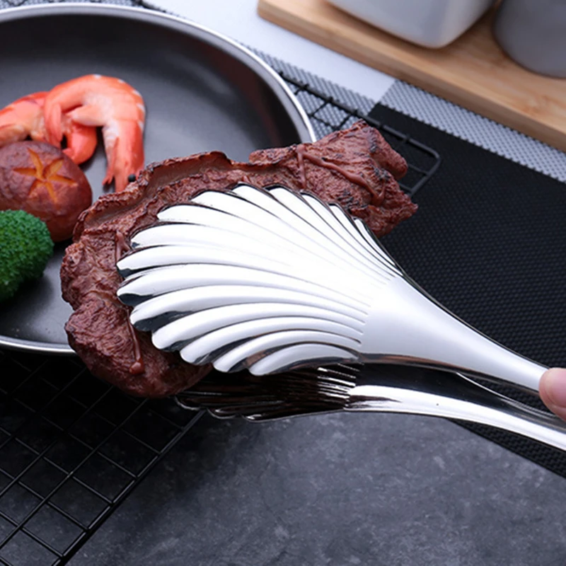 Shell-shape Silver Stainless Steel Food Tongs Multi-functional Bread Clamp Barbecue Steak Clips Non-Stick Cake Tong Kitchen Tool