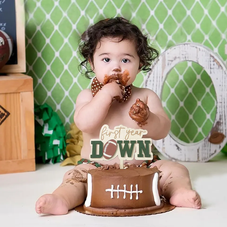 Rugby Football First Down Cake Topper - Wooden Sport Theme Decoration For Kids Birthday Party