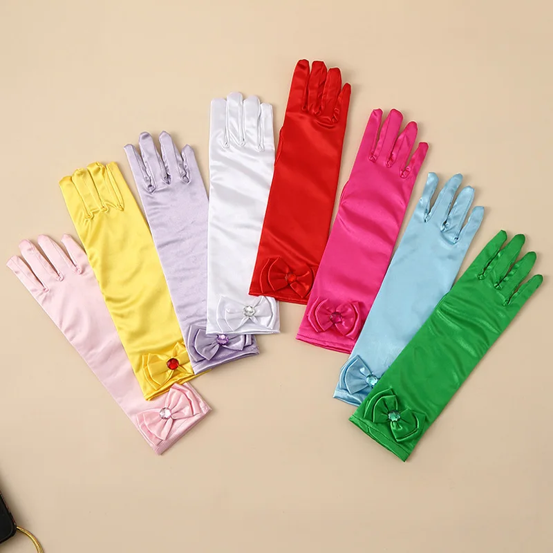 

1pair Children Long Gloves Girl Princess Kids Satin Sequins Bow Dance Performance Stage Gloves Solid Stretch Full Finger Mittens