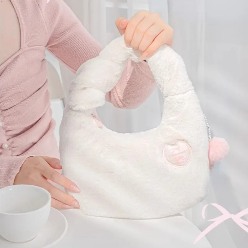 Xiuya Cute Plush Womens Handbag Cartoon Small Fluffy Kawaii Lolita Jk Casual Shoulder Bag New Fashion Exquisite Ladies Hobos Bag