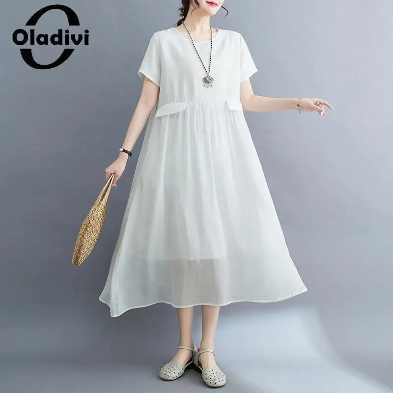

Oladivi модное женское платье миди большого размера с коротким рукавом 2023 Летние повседневные свободные платья винтажная Женская одежда оверсайз 2321