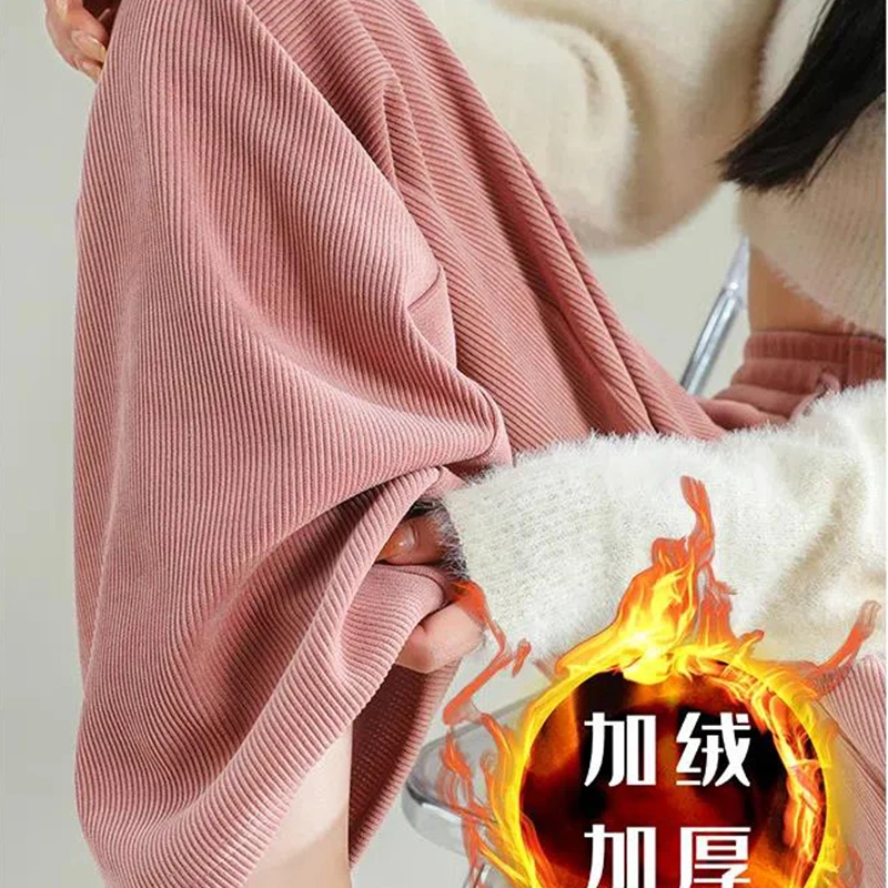 Ladies Simplicity Buttons Solid Color Elastic Waist Fleece Straight Autumn All-match Drawstring High Waist Plus Size Trousers
