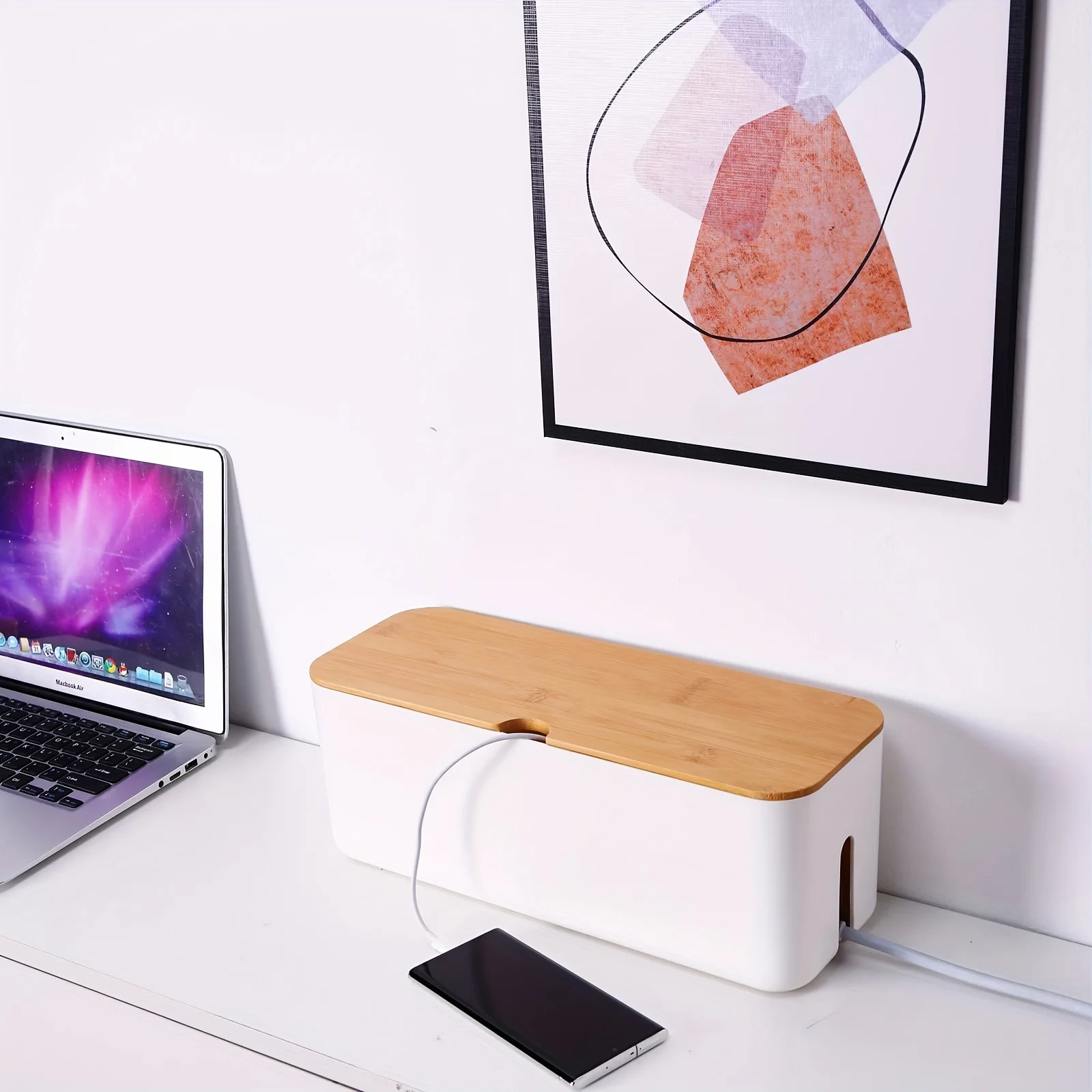 Desktop Storage Box with Bamboo Wooden Cover Hole Electrical Wire Storage Box Desktop Storage Makeup Organization Home Supplies 2