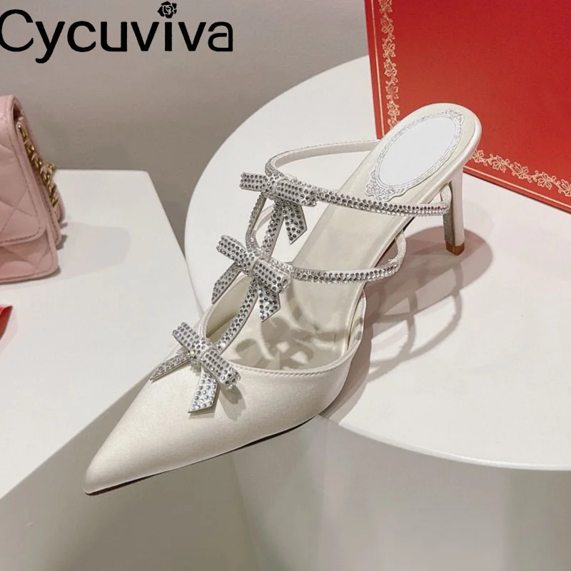 

Summer Crystal Shoes Women Pointy Toe Bow Knot Silk High Heels Slippers Slip On Mules Wedding Party Bling Bling Shoes for Women