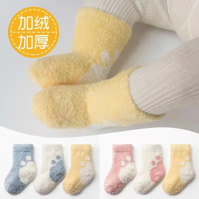 Baby Girls Boys Winter Warm Thicken Socks Newborn Fur Velvet Anti Slip Solid Floor Socks for Kid Infant Cute Clothes Accessories